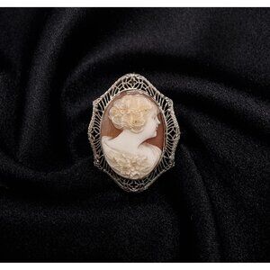 Antique 1900's-1920's 10K White Gold Real Cameo Brooch & Pendant